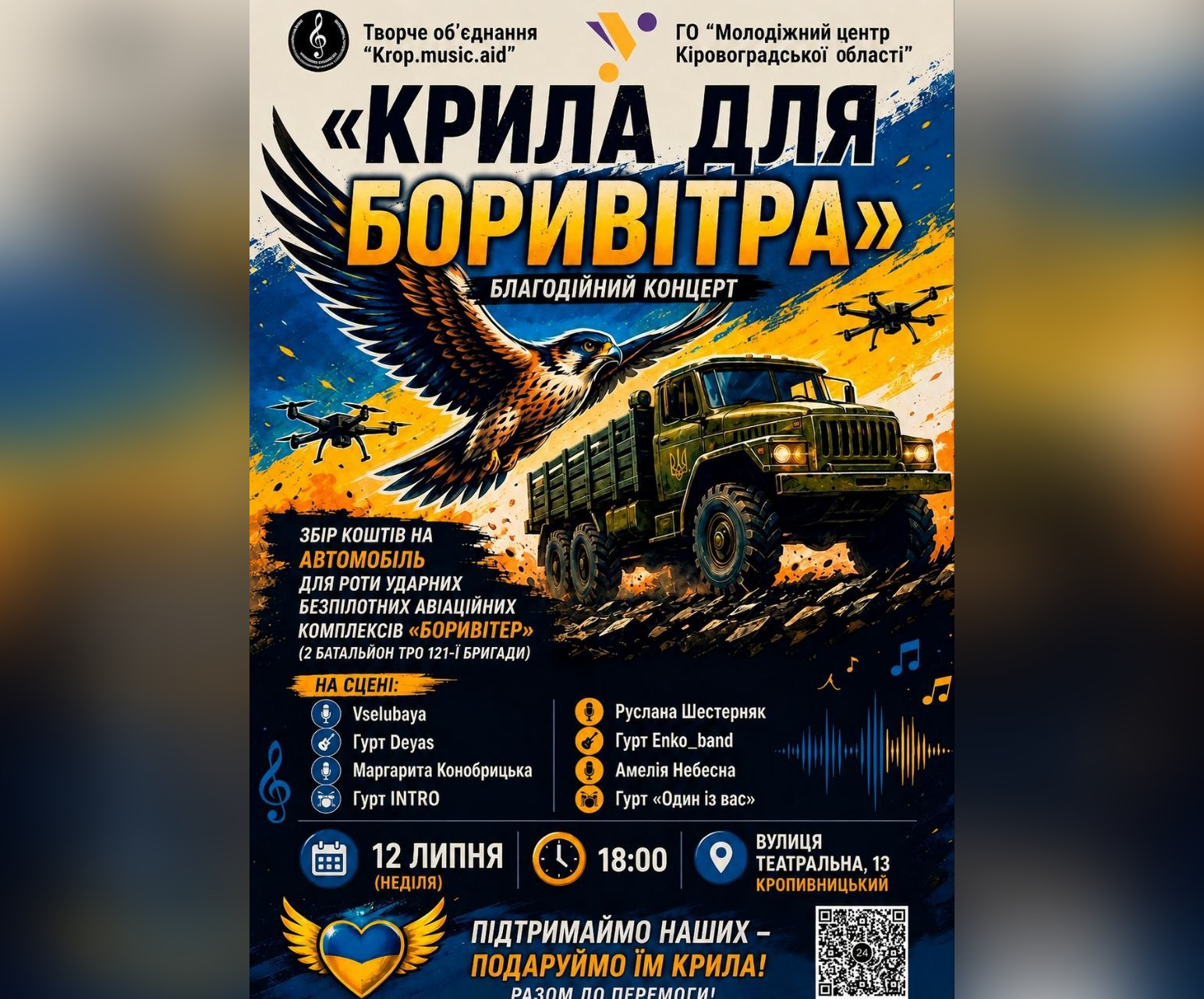 У Кропивницькому відбудеться благодійний концерт “Крила для Боривітра”
